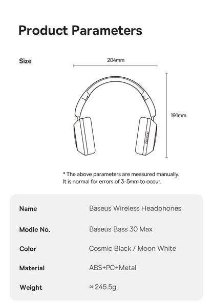 Casque Bluetooth sans fil Baseus Bass 30 Max – Bluetooth 5.3 – Écouteurs supra-auriculaires à diaphragme de 40 mm avec basses renforcées et latence ultra-faible – Autonomie 50h