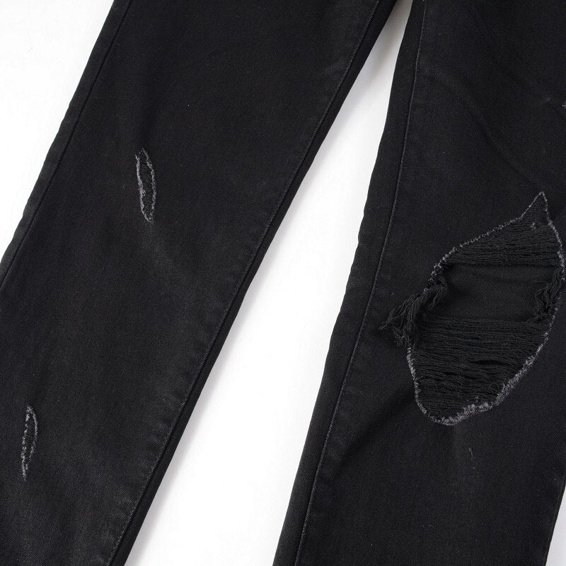 Jean Super Skinny Effet Vieilli Noir Coupe Slim Usé et Troué Extensible