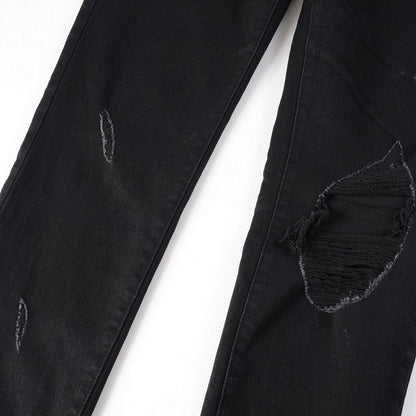Jean Super Skinny Effet Vieilli Noir Coupe Slim Usé et Troué Extensible