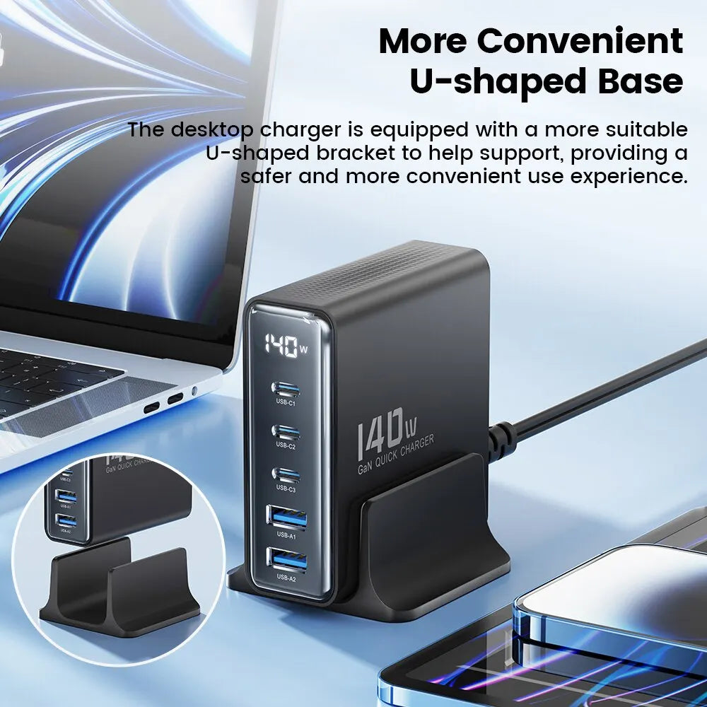 Chargeur USB Toocki 140W GaN 5-en-1 de bureau à charge rapide Type C avec affichage LED pour iPhone Xiaomi Smartphone Ordinateur portable