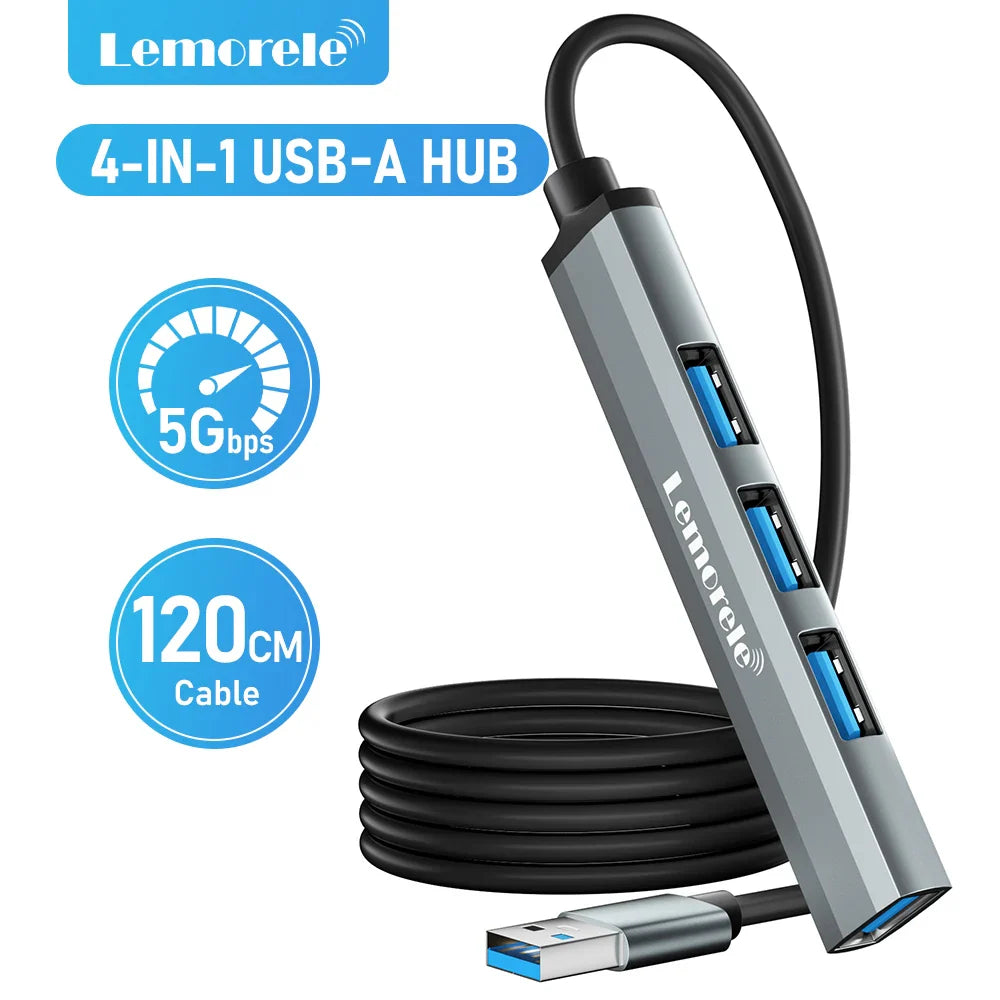 Lemorele Adaptateur USB OTG 4 ports 120 cm Adaptateur multi-répartiteur USB A 3.0 Accessoires pour ordinateur portable Xiaomi Lenovo Macbook Pro