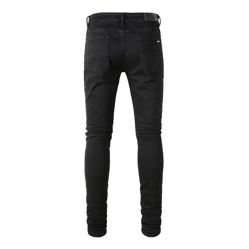 Jean Super Skinny Effet Vieilli Noir Coupe Slim Usé et Troué Extensible