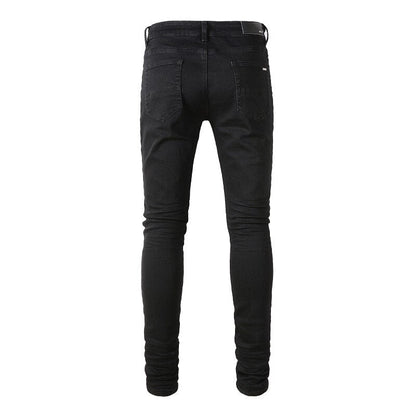 Jean Super Skinny Effet Vieilli Noir Coupe Slim Usé et Troué Extensible