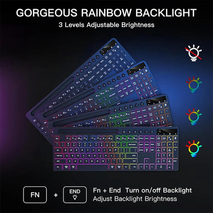 Wireless Keyboard and Mouse Combo with Backlit Full Size Ergonomic Keyboard with Phone Tablet Holder 2.4G Mouse for PC Laptop