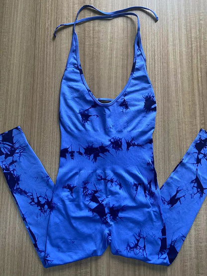 Women's Tie Dye Seamless Workout Jumpsuits One Piece Soft&Stretchy Fashion V-Neck Halter Open Back Yoga Sports Bodysuit