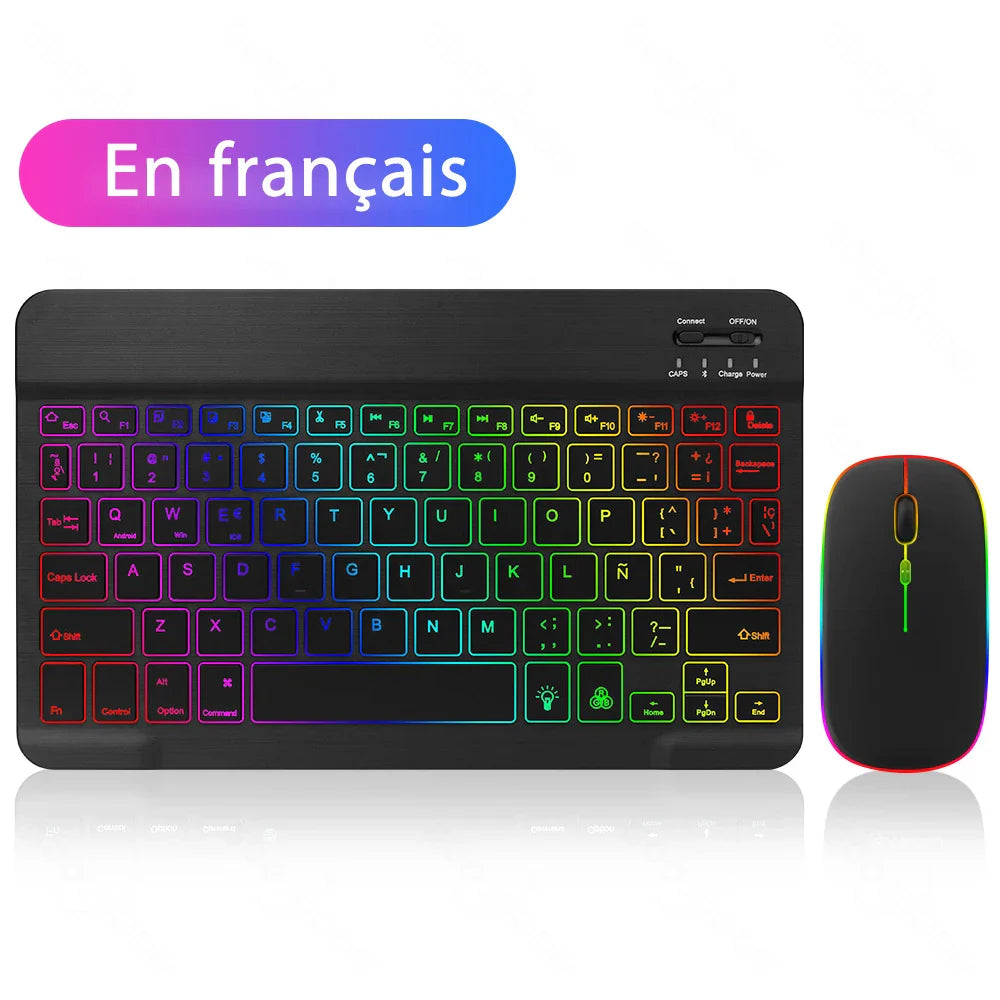 EMTRA Clavier et souris Bluetooth rétroéclairés pour iOS, Android, Windows, iPad, clavier portugais, clavier espagnol