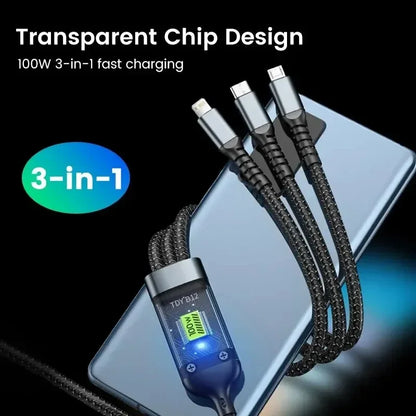 Luminous data cable 3 in1 mobile phone charging cable 100W fast charge braid typec data cable for iPhone Samsung Xiaomi Huawei