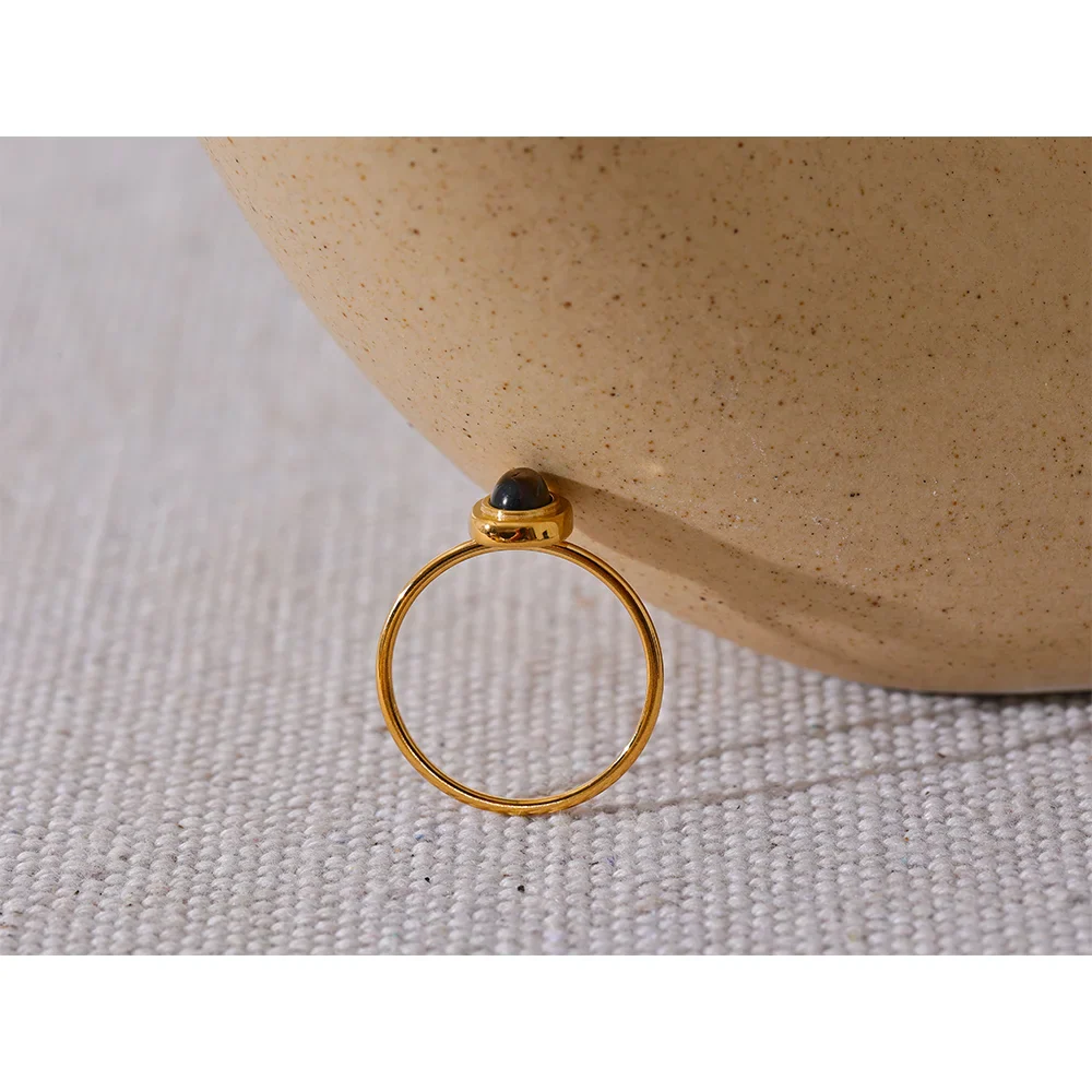 Yhpup Fashion Natural Stone Stainless Steel Oval Thin Chic Ring Women 18K PVD Plated Waterproof Jewelry Accessories 2024 Gift