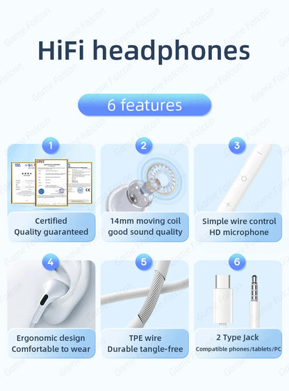Type C Wired Earphones For Apple iPhone 15 Pro Max In-Ear With Microphone For Sumsung Onepuls Xiaomi Redmi Huawei USB C Earpbuds