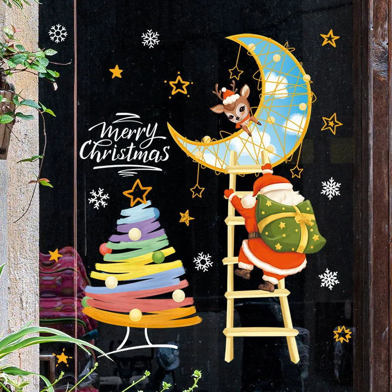 2024 Christmas Window Stickers Santa Claus Xmas Tree Cartoon Glass Decal Merry Christmas New Year Holiday Decorations for Home