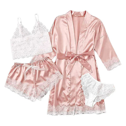 Women's Summer Sexy Pajama Pants Set 4 Pieces Lace Satin With Silk Sleepwear Robe Fashion And Comfortable Nightwear