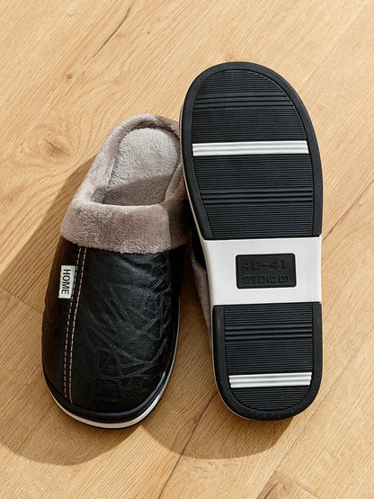 Pantoufles d'intérieur en cuir PU grandes tailles pour hommes, imperméables, plates, en fourrure, pour l'hiver, en coton, pour la chambre à coucher