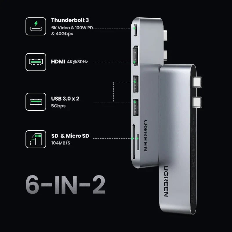 UGREEN Hub USB C 6-en-2 Type-C vers Thunderbolt 3 4K HDMI USB3.0 Adaptateur SD&TF pour MacBook Pro Air Station d'accueil Répartiteur USB-C