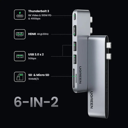 UGREEN Hub USB C 6-en-2 Type-C vers Thunderbolt 3 4K HDMI USB3.0 Adaptateur SD&TF pour MacBook Pro Air Station d'accueil Répartiteur USB-C