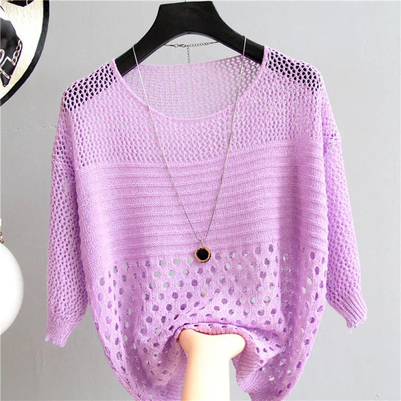 2022 new summer style loose cut out knitwear thin sun protection clothing women's round neck knitwear half-sleeved pullover