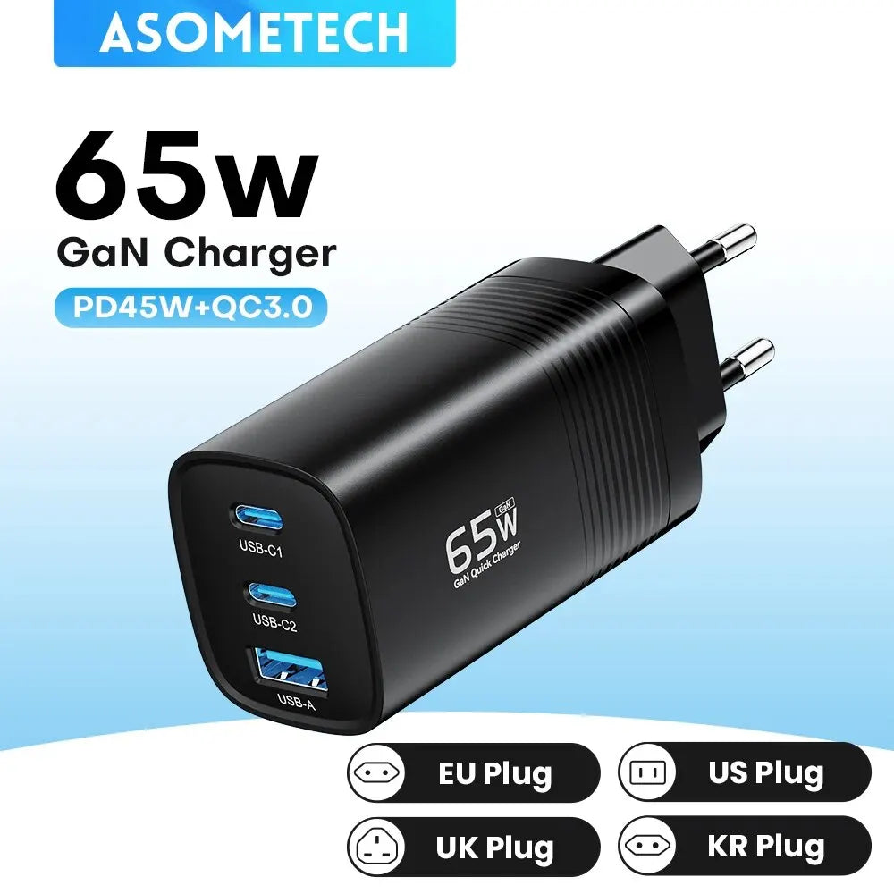 Chargeur ASOMETECH GaN USB Type C 65W 45W PPS PD QC4.0 Chargeur rapide pour Macbook Portable IPAD Tablette iPhone 16 Samsung S23 Ultra