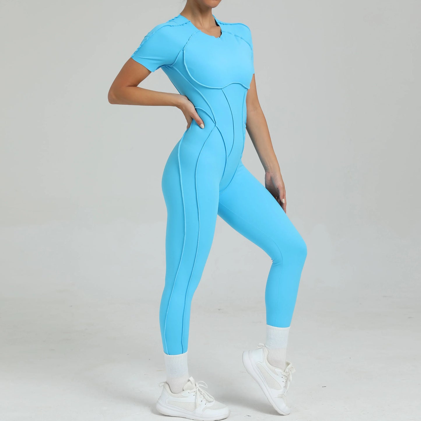 Women's One-Piece Suit Zipper Short Sleeve Gym Push Up Workout Clothes Fitness Short Bodysuit Sportswear Jumpsuits