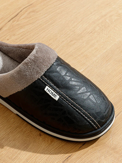 Pantoufles d'intérieur en cuir PU grandes tailles pour hommes, imperméables, plates, en fourrure, pour l'hiver, en coton, pour la chambre à coucher
