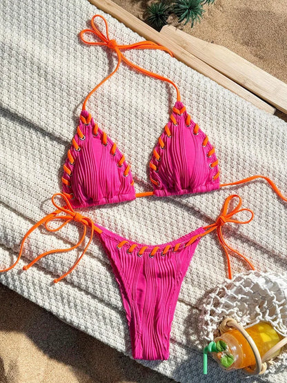 2025 Halter Wrinkled Weave Bikini Women Swimwear Female Swimsuit Two Pieces Bikini Set Brazilian Bathing Suit Swim Beach Wear