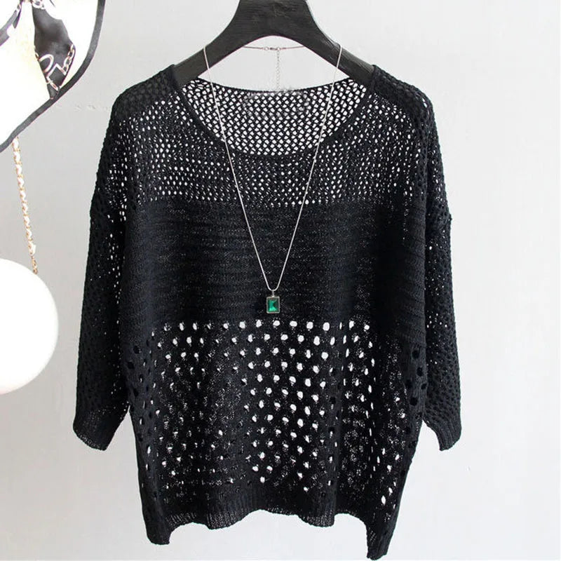 2022 new summer style loose cut out knitwear thin sun protection clothing women's round neck knitwear half-sleeved pullover