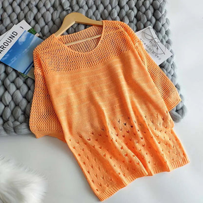 2022 new summer style loose cut out knitwear thin sun protection clothing women's round neck knitwear half-sleeved pullover