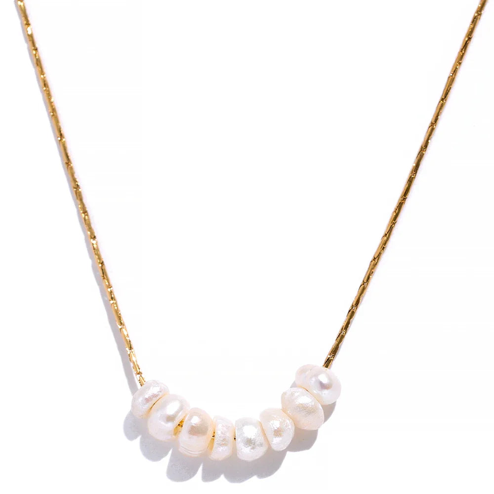 Yhpup Tarnish Free Natural Pearl Beads Chic Exquisite Necklace Thin Chain Stainless Steel Minimalist Charm Collar Jewelry Women