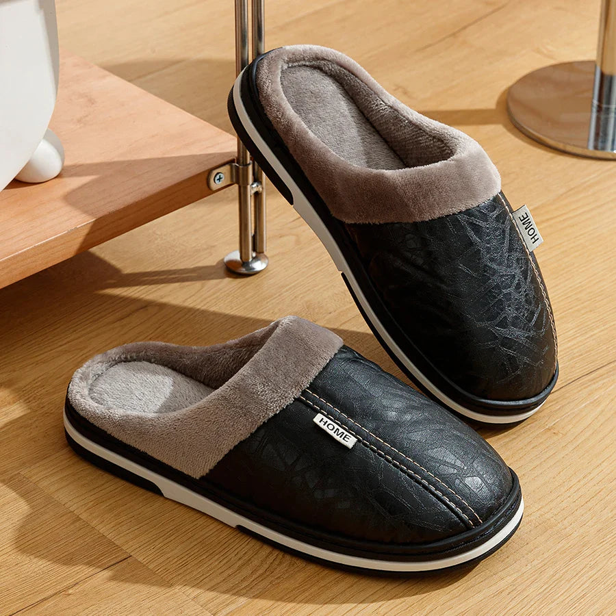Pantoufles d'intérieur en cuir PU grandes tailles pour hommes, imperméables, plates, en fourrure, pour l'hiver, en coton, pour la chambre à coucher