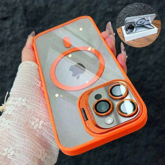Coque de Téléphone Magnétique Antichoc de Luxe Pour iPhone 15 16 14 13 12 11 Pro Max Pour Magsafe Funda Housse de Protection en Verre pour Objectif avec Support