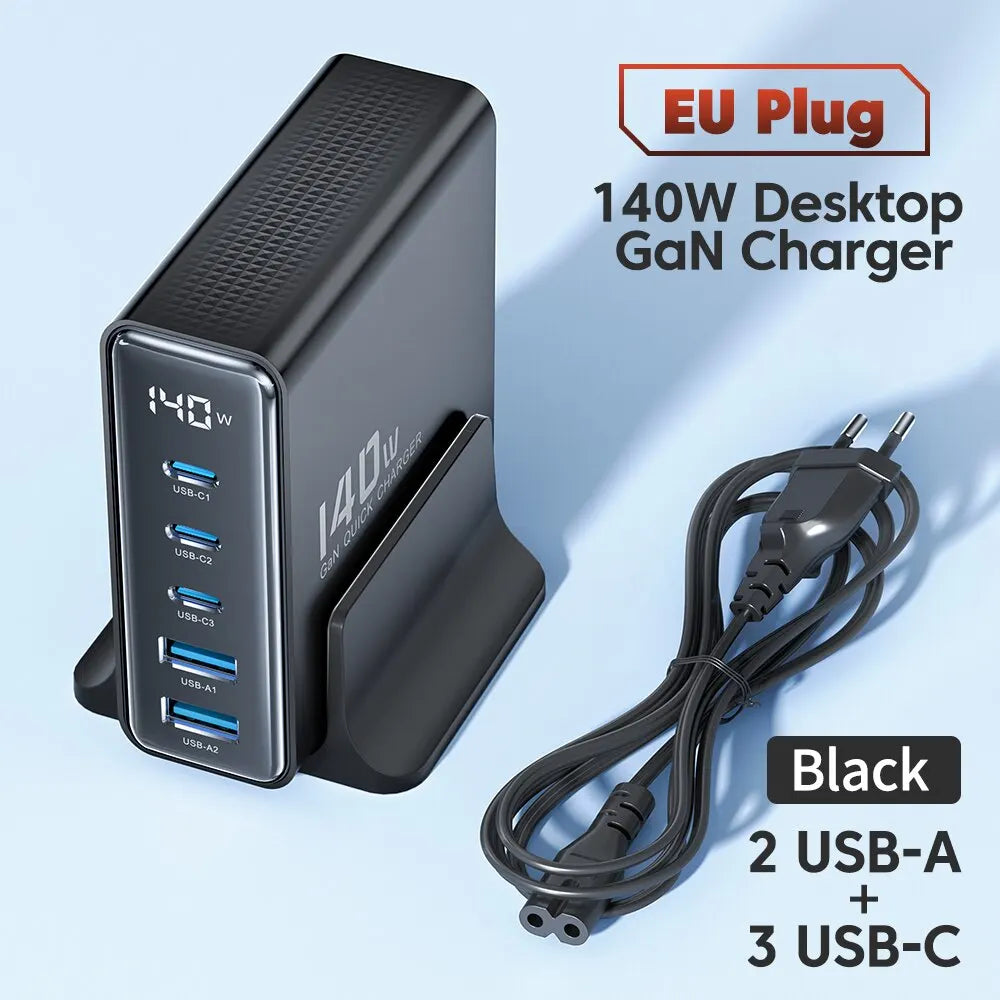Chargeur USB Toocki 140W GaN 5-en-1 de bureau à charge rapide Type C avec affichage LED pour iPhone Xiaomi Smartphone Ordinateur portable