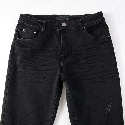 Jean Super Skinny Effet Vieilli Noir Coupe Slim Usé et Troué Extensible