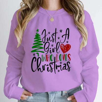 Just A Girl Who Loves Christmas Print Pullovers Women Fashion Pure Color Round Neck Hoodless Sweatshirt Autumn Winter Sweatshirt