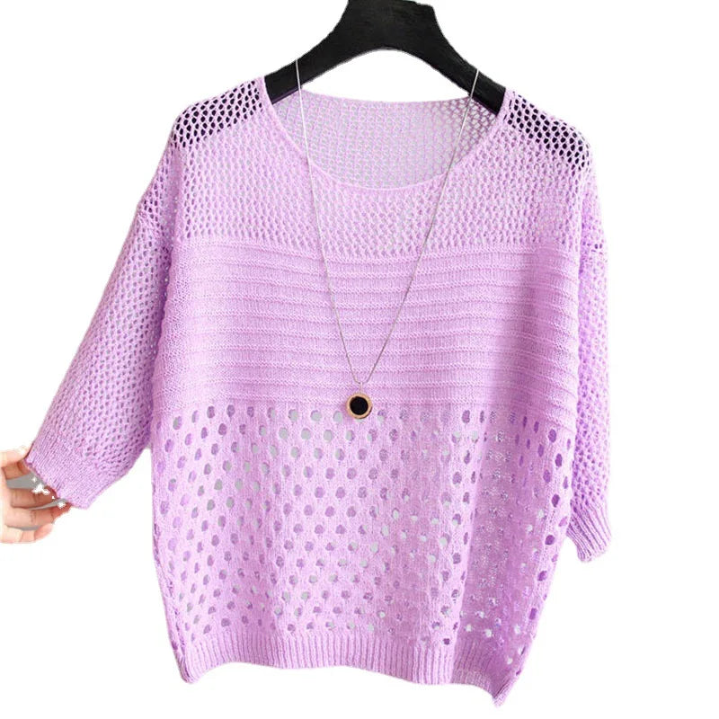 2022 new summer style loose cut out knitwear thin sun protection clothing women's round neck knitwear half-sleeved pullover