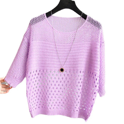 2022 new summer style loose cut out knitwear thin sun protection clothing women's round neck knitwear half-sleeved pullover