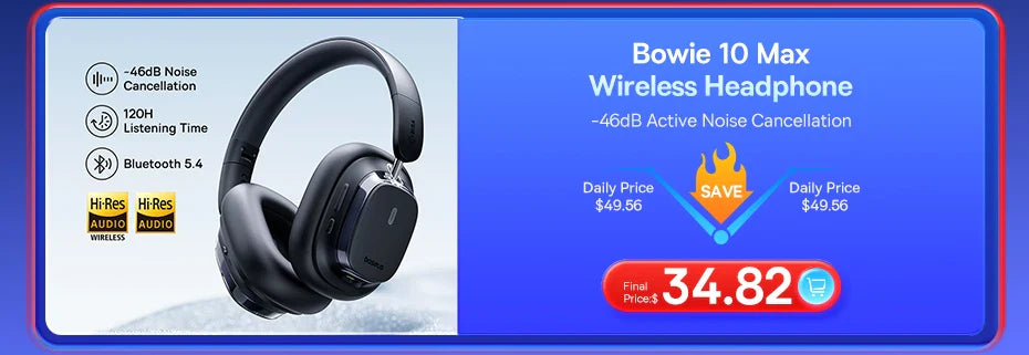 Casque Bluetooth sans fil Baseus Bass 30 Max – Bluetooth 5.3 – Écouteurs supra-auriculaires à diaphragme de 40 mm avec basses renforcées et latence ultra-faible – Autonomie 50h