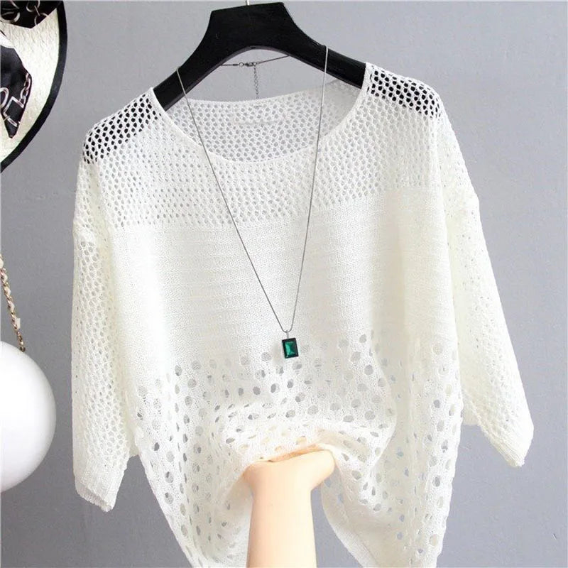 2022 new summer style loose cut out knitwear thin sun protection clothing women's round neck knitwear half-sleeved pullover