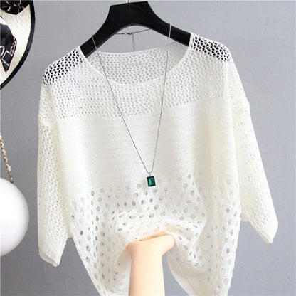 2022 new summer style loose cut out knitwear thin sun protection clothing women's round neck knitwear half-sleeved pullover