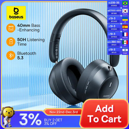Casque Bluetooth sans fil Baseus Bass 30 Max – Bluetooth 5.3 – Écouteurs supra-auriculaires à diaphragme de 40 mm avec basses renforcées et latence ultra-faible – Autonomie 50h