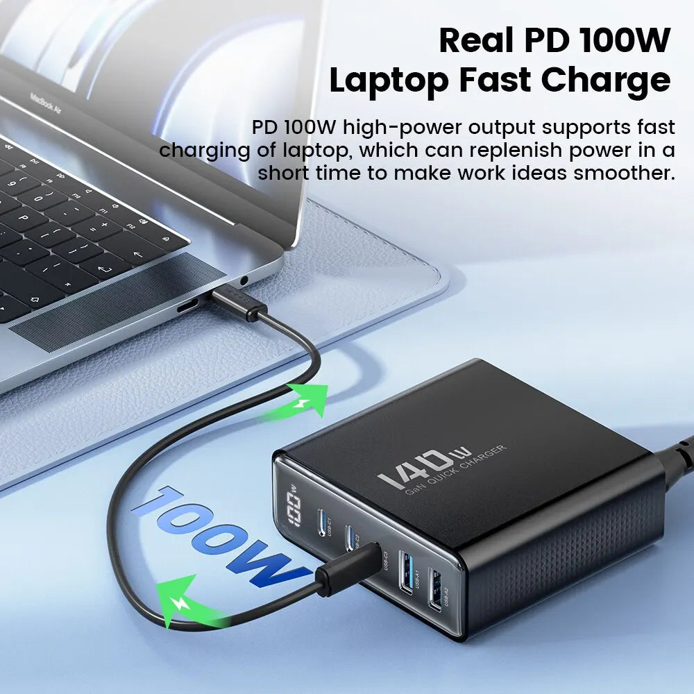Chargeur USB Toocki 140W GaN 5-en-1 de bureau à charge rapide Type C avec affichage LED pour iPhone Xiaomi Smartphone Ordinateur portable