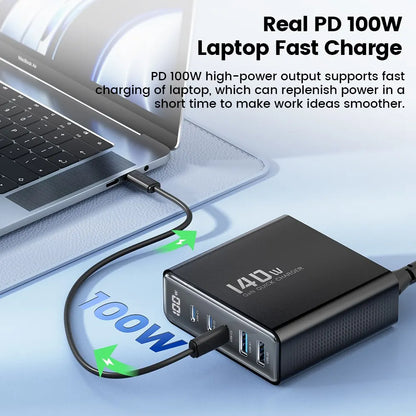 Chargeur USB Toocki 140W GaN 5-en-1 de bureau à charge rapide Type C avec affichage LED pour iPhone Xiaomi Smartphone Ordinateur portable