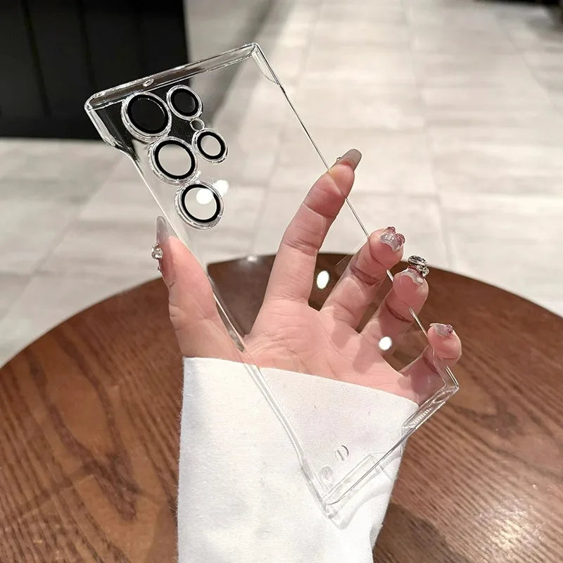 Luxury Plating Frameless Case For Samsung S25 S24 Ultra S23 S22 Ultra Transparent Camera Lens Film Protection Shockproof Cover