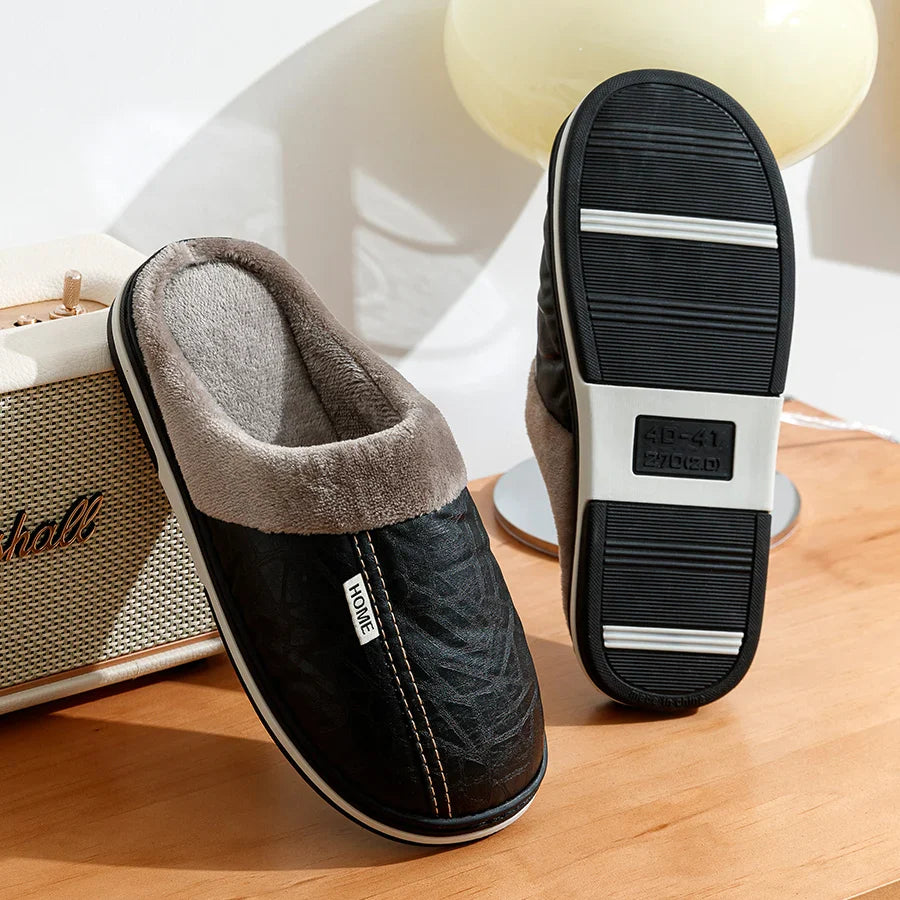 Pantoufles d'intérieur en cuir PU grandes tailles pour hommes, imperméables, plates, en fourrure, pour l'hiver, en coton, pour la chambre à coucher