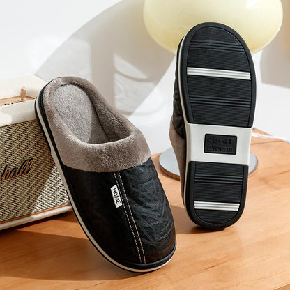 Pantoufles d'intérieur en cuir PU grandes tailles pour hommes, imperméables, plates, en fourrure, pour l'hiver, en coton, pour la chambre à coucher