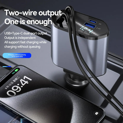 120W 4 IN 1 Car Charger with Retractable Cable and 2 USB Ports USB Type C Cigarette Lighter Adapter For IPhone Samsung Huawei