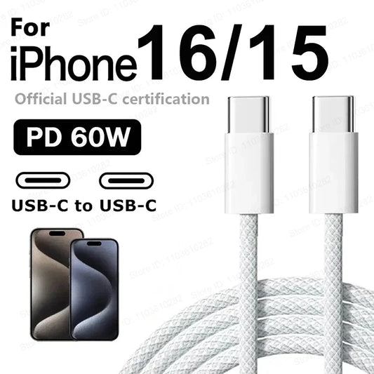 Original 60W PD USB-C to USB C Fast Charger Cable For Apple iPhone 16 Pro Max 15 Plus Type C Quick Charging For Xiaomi Samsung