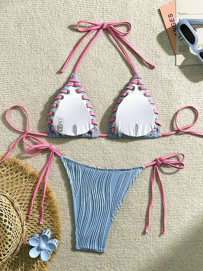 2025 Halter Wrinkled Weave Bikini Women Swimwear Female Swimsuit Two Pieces Bikini Set Brazilian Bathing Suit Swim Beach Wear