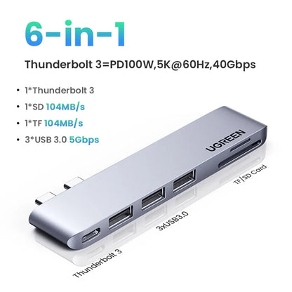 UGREEN Hub USB C 6-en-2 Type-C vers Thunderbolt 3 4K HDMI USB3.0 Adaptateur SD&TF pour MacBook Pro Air Station d'accueil Répartiteur USB-C