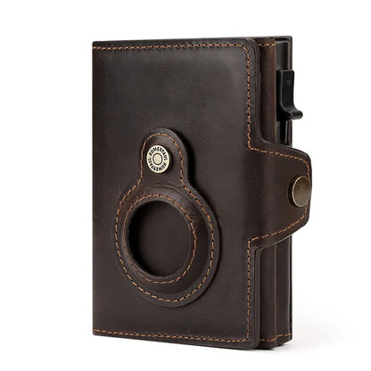 Anti-scan Magnet Credit Card Holder Wallet Genuine Leather Automatic Pop Out Aluminum Smart Wallets Luxury AirTag Purse Set
