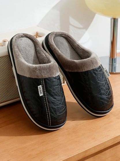 Pantoufles d'intérieur en cuir PU grandes tailles pour hommes, imperméables, plates, en fourrure, pour l'hiver, en coton, pour la chambre à coucher