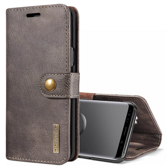DG.MING pour Galaxy S9 Étui de protection magnétique à rabat horizontal amovible avec texture cheval fou avec support, fentes pour cartes et portefeuille (Gris)