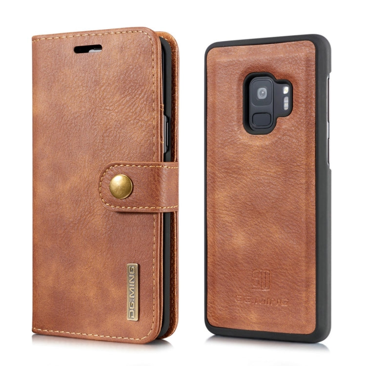 DG.MING pour Galaxy S9 Étui de protection magnétique détachable à rabat horizontal en cuir texturé style cheval fou avec support, fentes pour cartes et portefeuille (marron)